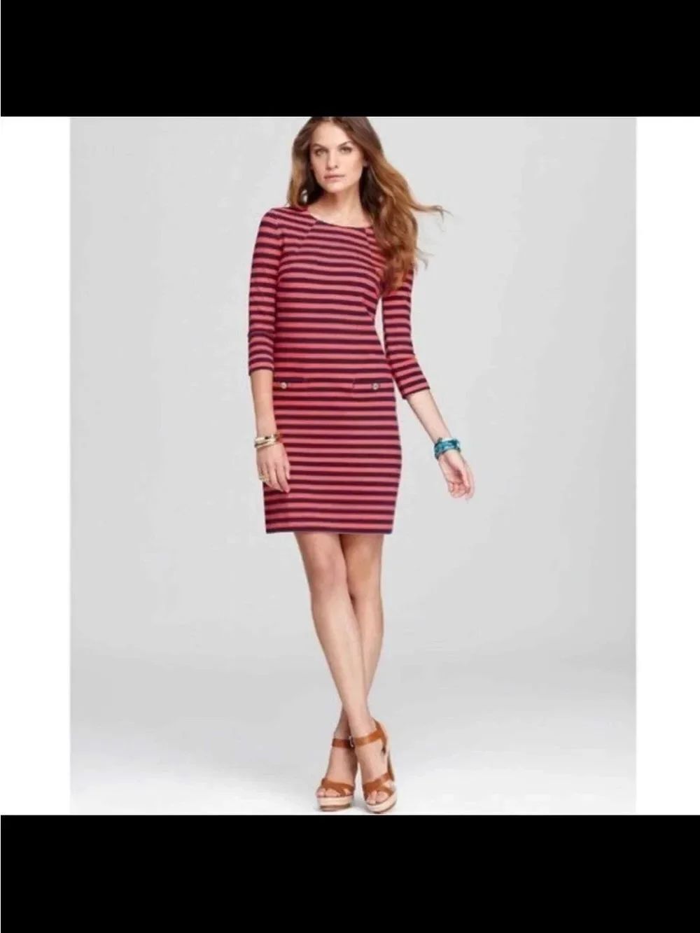 Lilly Pulitzer Charlene' Stripe Knit coral navy Shift Dress Size S